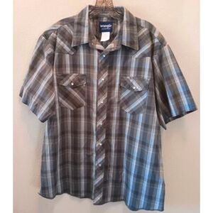 WRANGLER Pearl Snap Western Plaid Shirt XXL Short Slv Pockets Gray Brown White